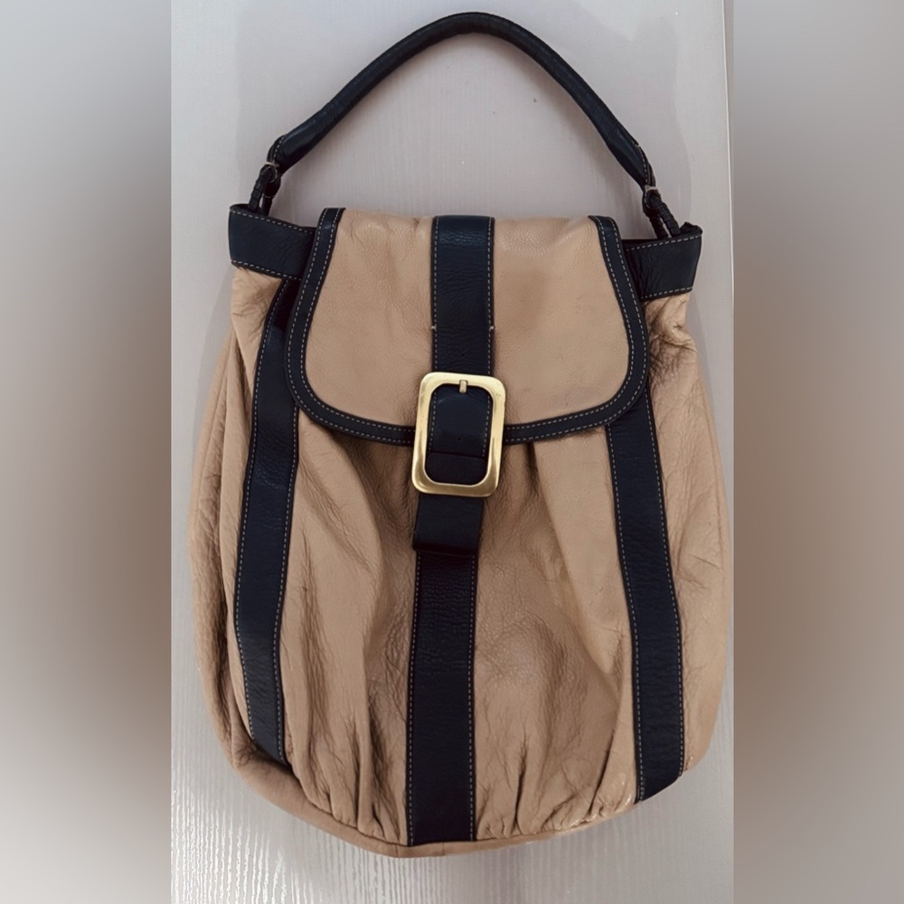 Cole Haan Vintage Tan and Navy 100%Pebbled Leather Shoulder Bag with Gold Buckle